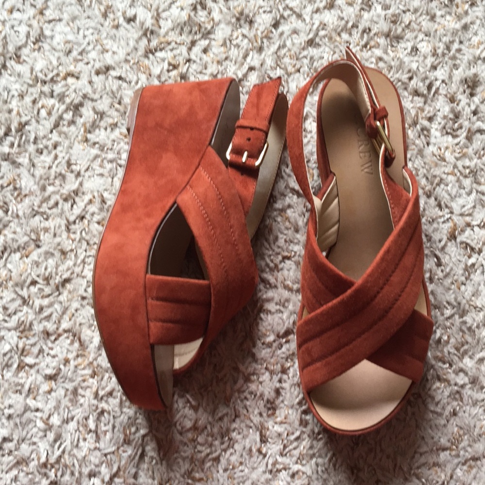 J Crew Rust Suede Wedge Platform Sandals Size:5